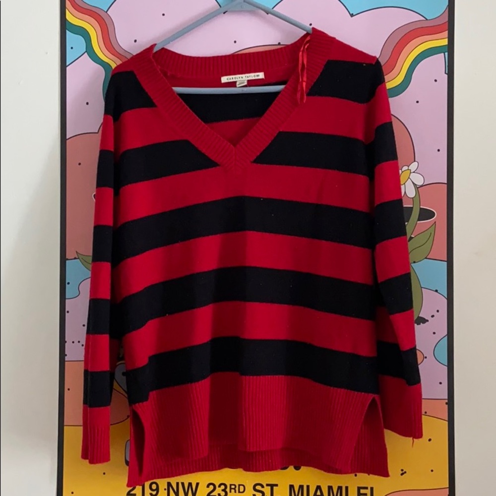 striped V neck sweater